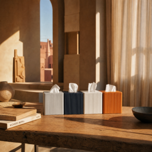 Generated with Kive.ai – Modern PU Leather Tissue Box – Ribbed Square Design with Magnetic Closure (3) Ribbed square PU leather tissue box cover with magnetic closure styled in a modern room