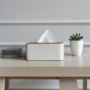 Rectangular PU leather tissue box cover with oak wood top by Connsole Casa
