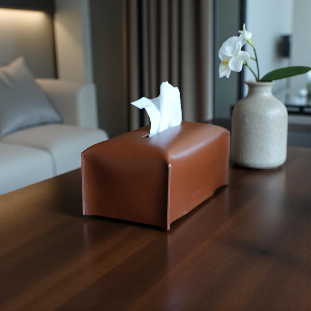 Genuine Saffiano leather tissue box holder in slate and cognac saddle by Connsole Casa