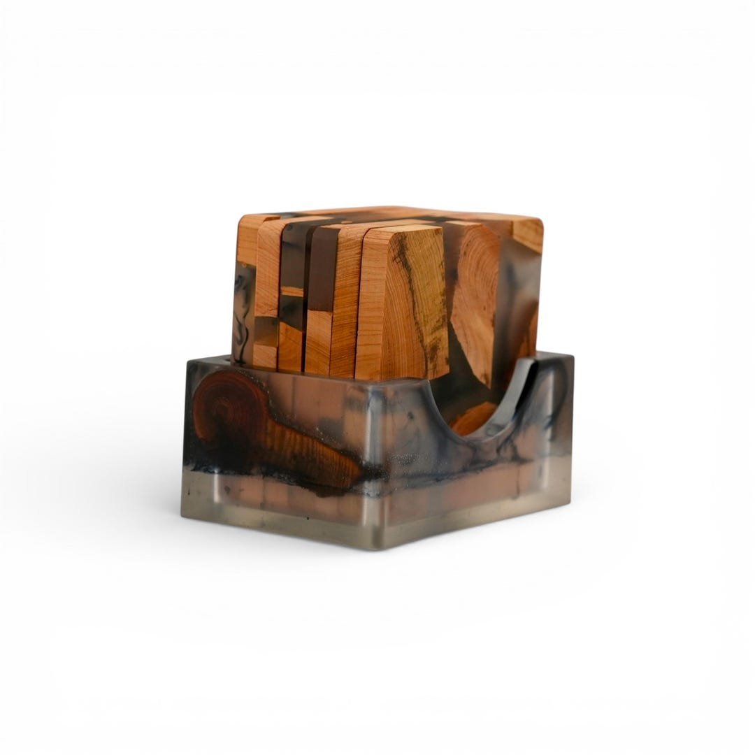 Eastern cedar aromatic wood and resin coaster set by Connsole Casa