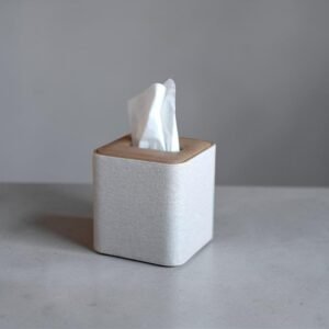Elegant square PU leather tissue box cover with linen texture and magnetic closure by Connsole Casa